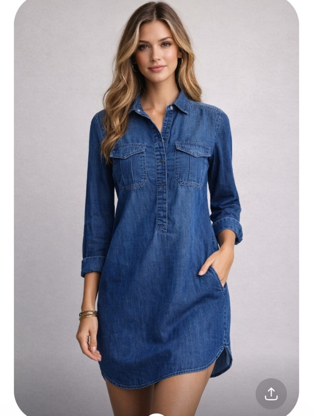 White House Black Market Denim Shirt Dress Size 4 Lightweight Chambray Henley - Picture 3 of 9